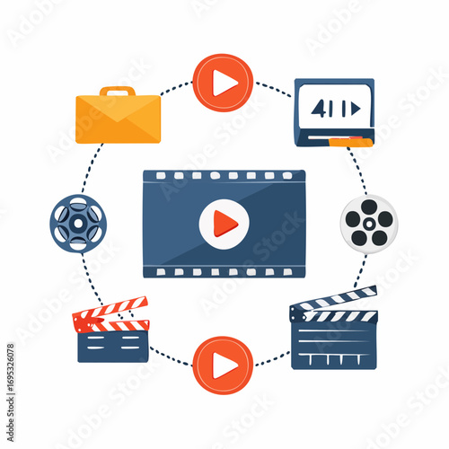Vector set of video player and cinema icons. Flat style design with clapperboard, film reel, and multimedia elements for web and apps