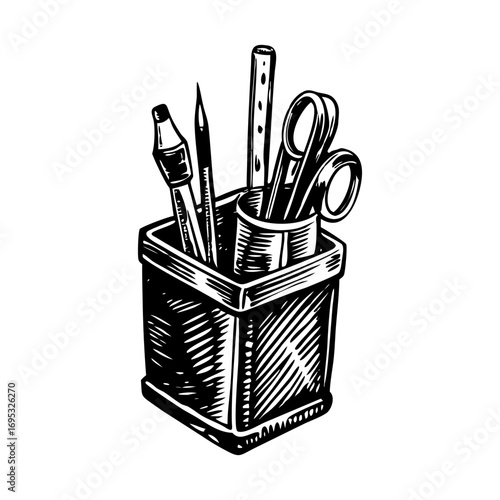 A vintage style illustration showing a desk caddy