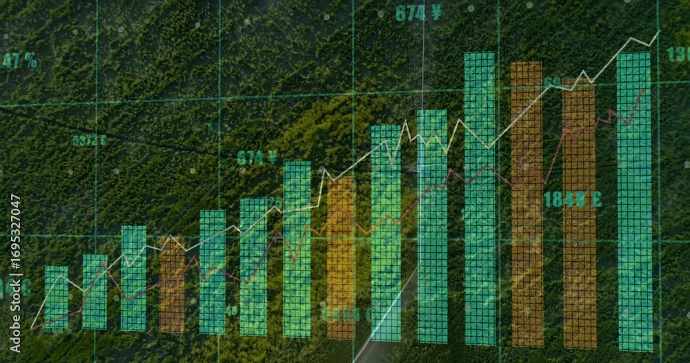 Fototapeta premium Mapping data on forest road from above, with bar chart, line graph, grid and currency labels