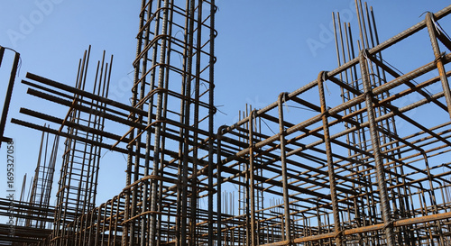 Interwoven Steel Rebar Structure Against a Clear Blue Sky.