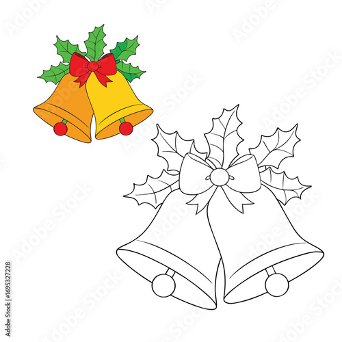 Festive coloring page of Christmas bells tied with a bright red ribbon, adorned with holly leaves and berries, perfect for holiday joy and creative coloring fun.
