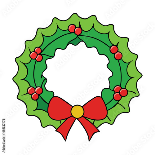 A festive Christmas wreath adorned with evergreen branches, bright red berries, pinecones, and a cheerful bow, symbolizing holiday warmth, joy, and celebration.
