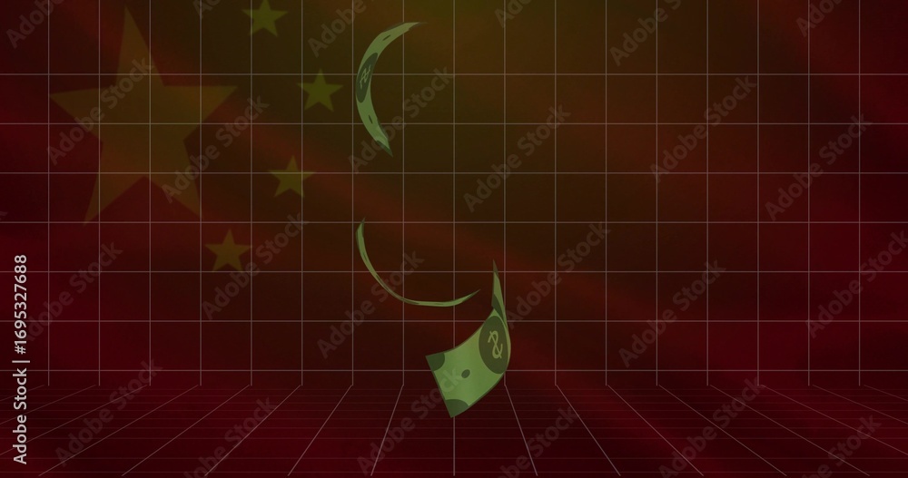 Naklejka premium Spiraling abstract green banknote fragments in virtual 3D red grid, with faded Chinese flag stars