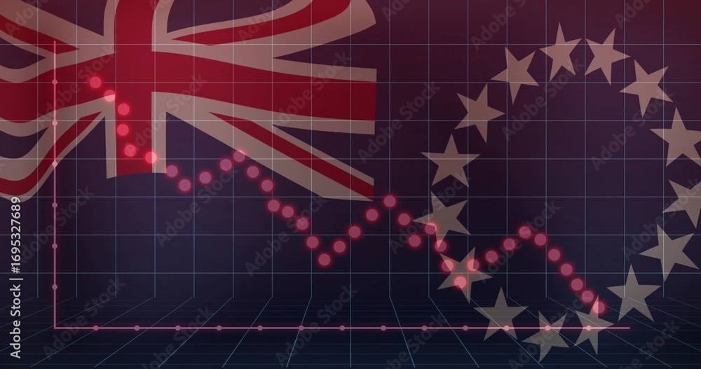Obraz premium Displaying dotted red downward-trending line graph on 3D grid floor, with Union Jack and EU stars