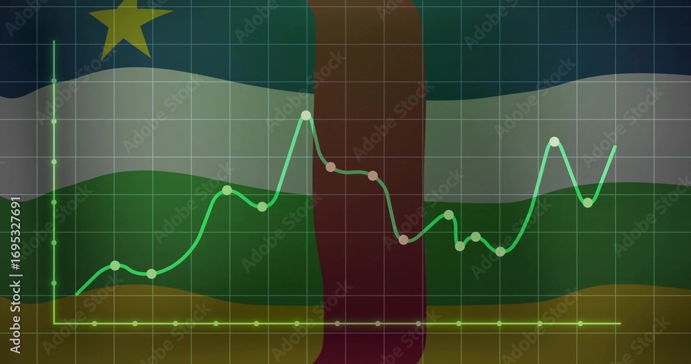 Naklejka premium Showing green graph over Central African flag with stripes, yellow star, data nodes on grid overlay