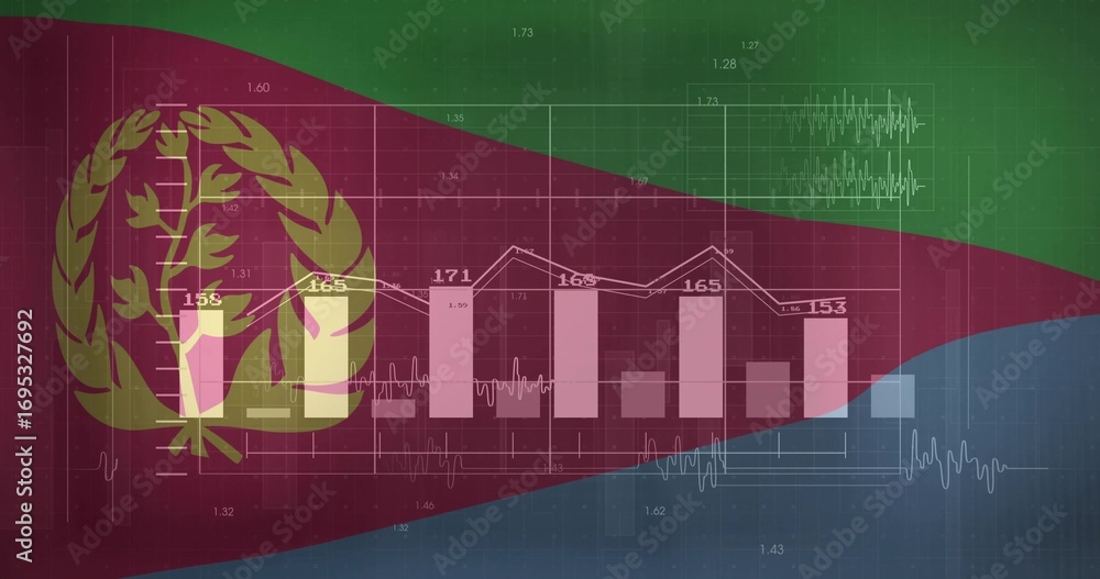 Naklejka premium Displaying Eritrean flag with grid overlay in infographic, featuring bar chart and line graph