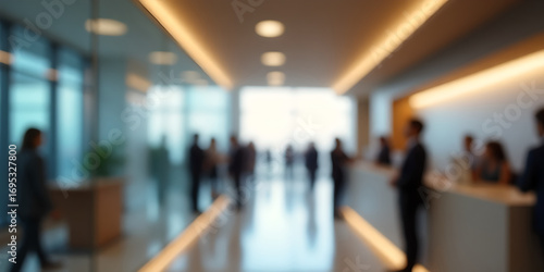 Blurred view of bank interior with blurred service counter and blurred group of people in background. Glowing bank logo above counter.
