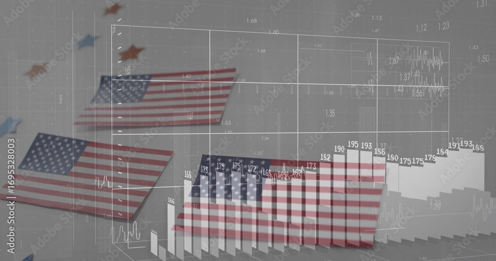 Naklejka premium Displaying American flag-patterned bar charts in digital space, with wireframe grid and labels