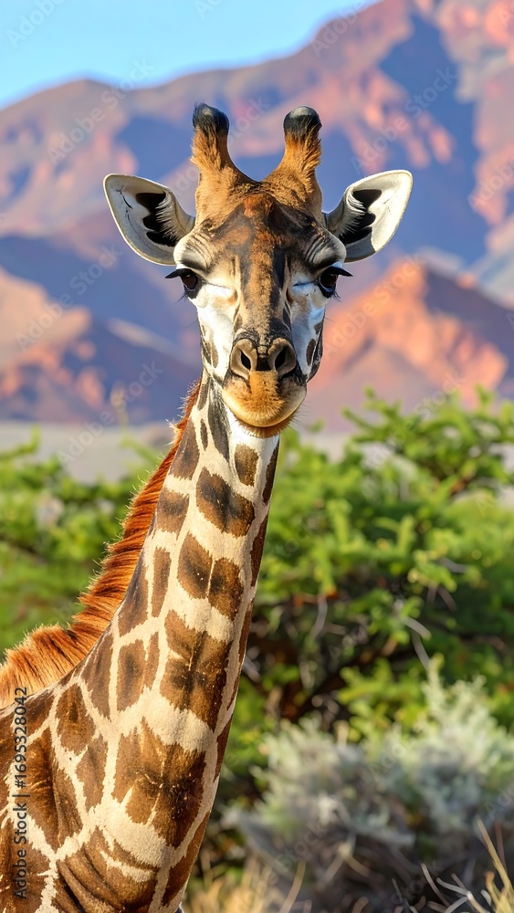 Fototapeta premium Close-up of a giraffe with a quizzical expression, its spotted coat beautifully displayed against a backdrop of vibrant, reddish-brown mountains and green bushes.