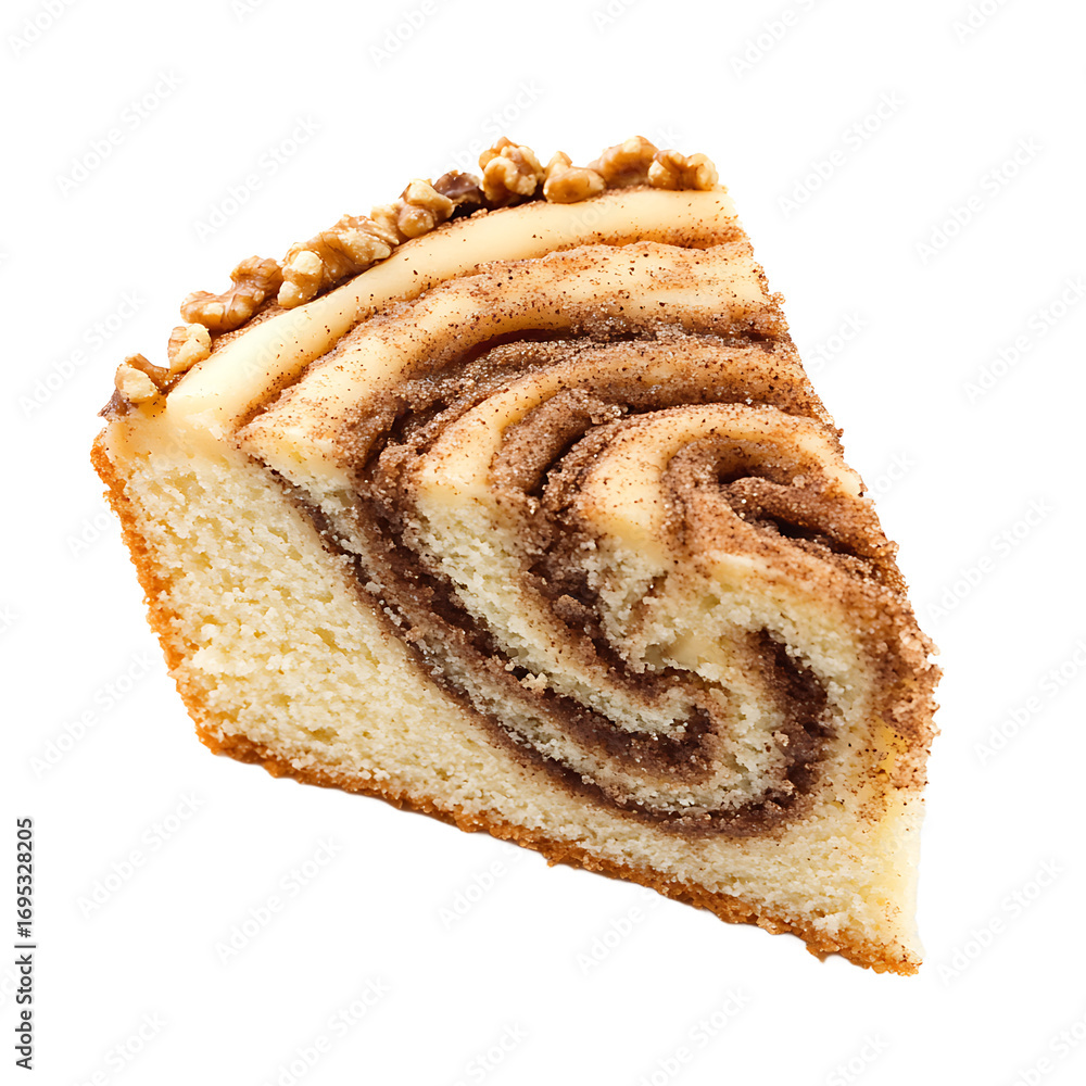 Fototapeta premium Slice of Swirled Cinnamon Cake with Walnut Topping