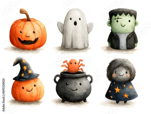 Watercolor illustrations of cute halloween characters like pumpkin, ghost, frankenstein and witch pumpkin.