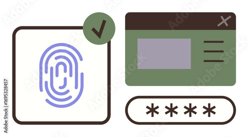 Fingerprint scanner with checkmark, password box, and login window, emphasizing secure authentication. Ideal for cybersecurity, identity verification, technology, data protection, privacy settings