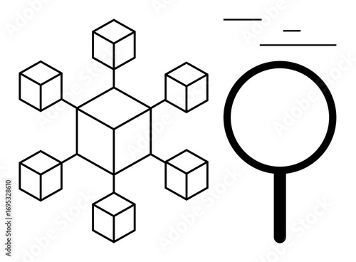 Geometric blockchain network connected by cubes alongside a magnifying glass for data analysis and exploration. Ideal for technology, blockchain, connectivity, analysis, research, innovation, digital