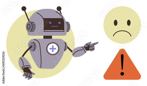 Robot with medical cross raising awareness warning sign and sad face emphasize potential risk. Ideal for healthcare, technology, AI ethics, caution, safety, awareness, alert messaging. Simple flat