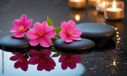 Beautiful pink blossoms and black stones create a calming spa atmosphere with candlelight glow