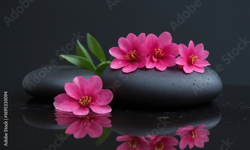 Find inner peace with stunning pink blossoms gracefully resting on soothing black stones in a spa setting