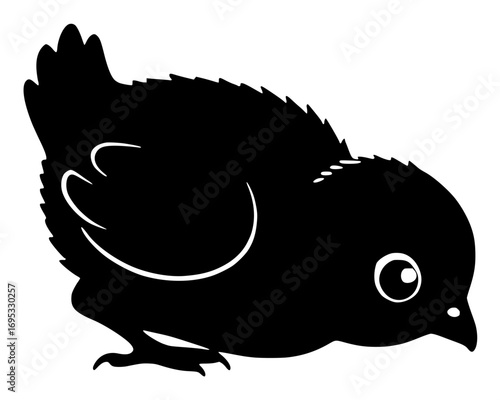 Silhouette of a small plump bird in profile on white background