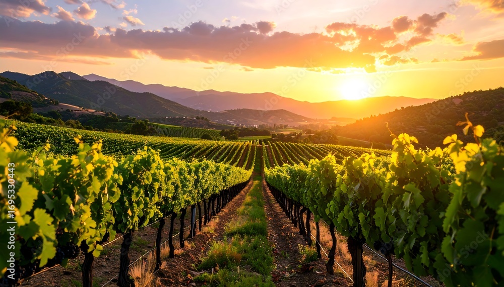 Fototapeta premium Golden Sunset over Vineyard Rows in Napa Valley with California, and Wine Country.
