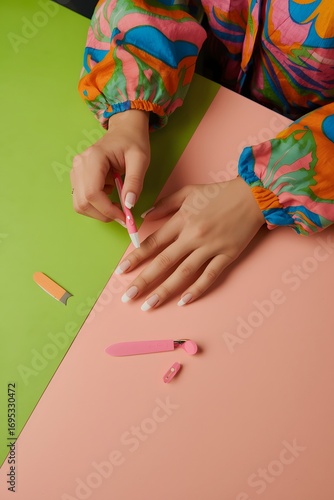 Wallpaper Mural Close up of woman doing manicure with pink nail tool set on colorful background, hands with white polished nails, self care beauty routine and nail art at home concept Torontodigital.ca