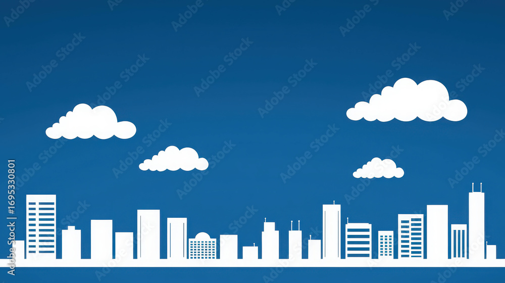 Urban Skyline Silhouette with White Buildings Against Bright Blue Sky and Fluffy White Clouds for Innovative Background Design and Concepts Urban Skyline Silhouette with White Buildings Against Bright Blue Sky and Fluffy White Clouds for Innovative Background Design and Concepts