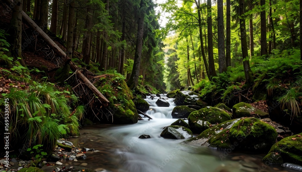 Obraz premium Forest stream flowing through mossy rocks