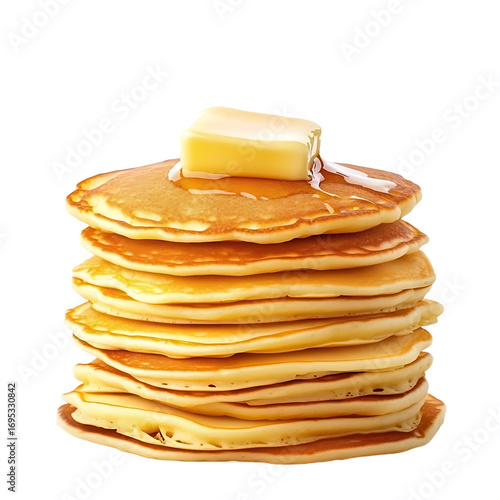 Stack of golden pancakes topped with a pat of butter and drizzled syrup