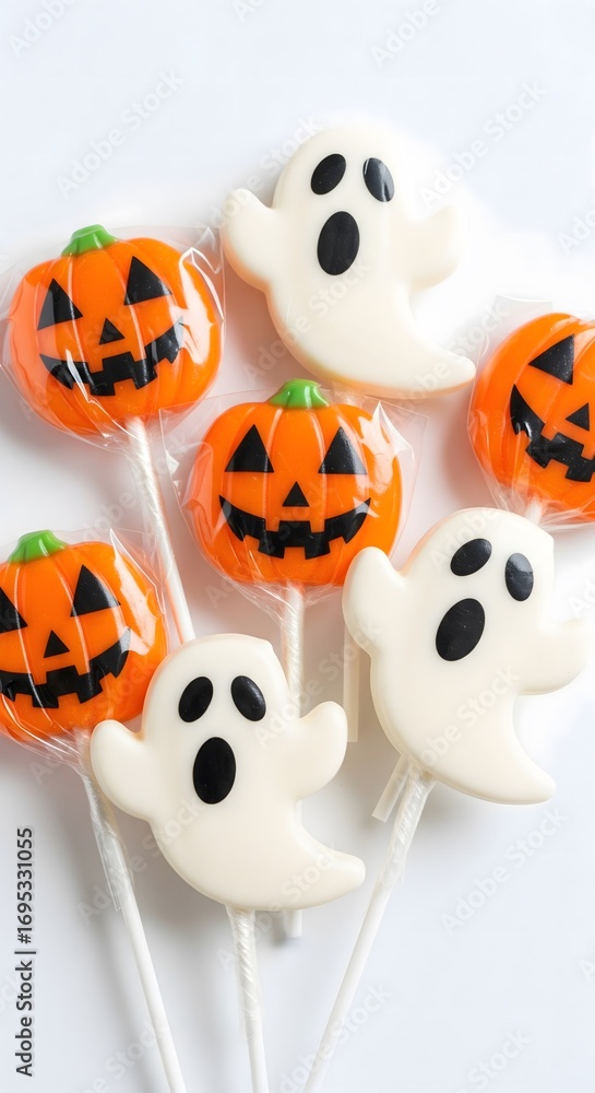 Obraz premium Halloween candy lollipops shaped like ghosts and jack-o’-lantern pumpkins, festive spooky sweets for Halloween party, trick-or-treat, and seasonal decoration