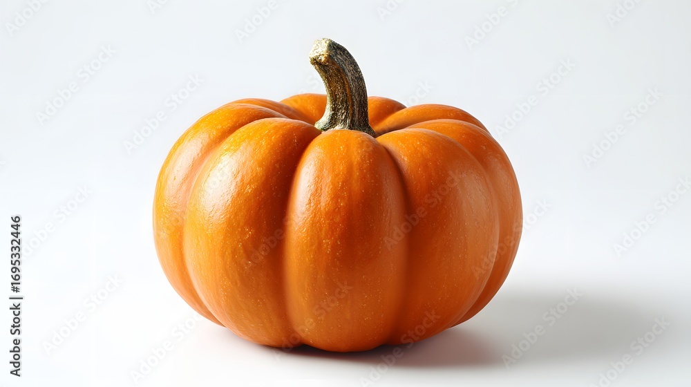 Fototapeta premium A vibrant orange pumpkin sits prominently against a plain white background.