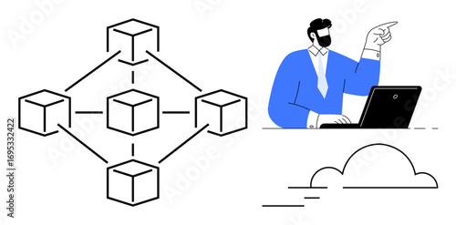 Man seated at laptop pointing toward a decentralized blockchain network diagram and cloud. Ideal for blockchain technology, data sharing, cloud computing, business analysis, decentralized systems, IT