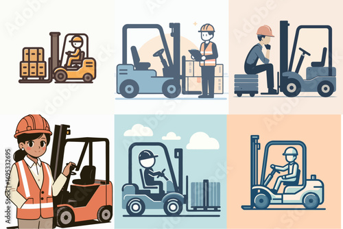 vector illustration set of a worker and a forklift excavator