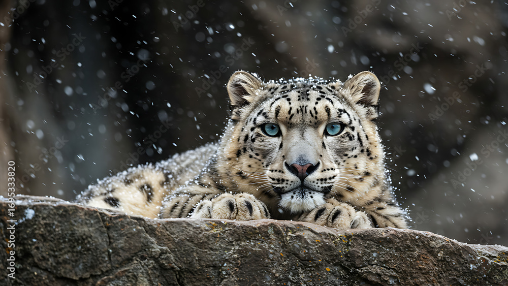Fototapeta premium Snow Leopard Resting on Rocky Ledge – 4K Wildlife & Nature Background