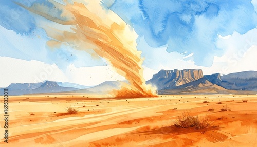 Hand-painted digital watercolor of desert dust devil spinning across horizon
