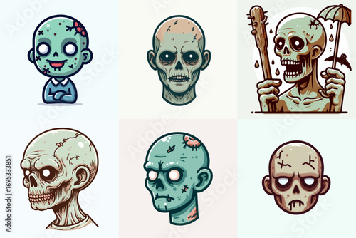bald head zombie vector illustration set