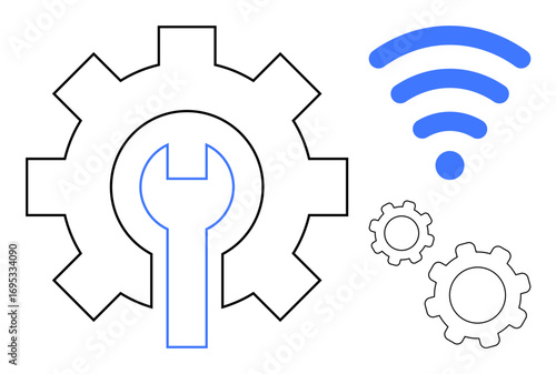 Gear and wrench symbolizing maintenance, smaller gears for design and function, connected by wireless. Ideal for system repair, technological processes, strategies, connections, seamless integration