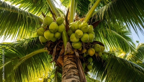 Lush green coconut cluster on palm tree