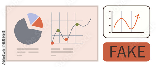 Pie chart, line graph displaying data with markers, and FAKE label. Ideal for data accuracy, misinformation, analysis errors, deception, communication, chart interpretation simple flat metaphor