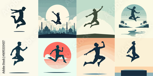 vector illustration set of silhouettes of men jumping