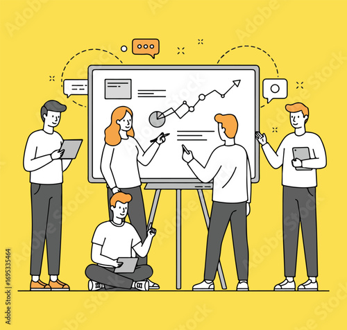 A stylized team of five diverse people in a meeting, analyzing a graph on a whiteboard