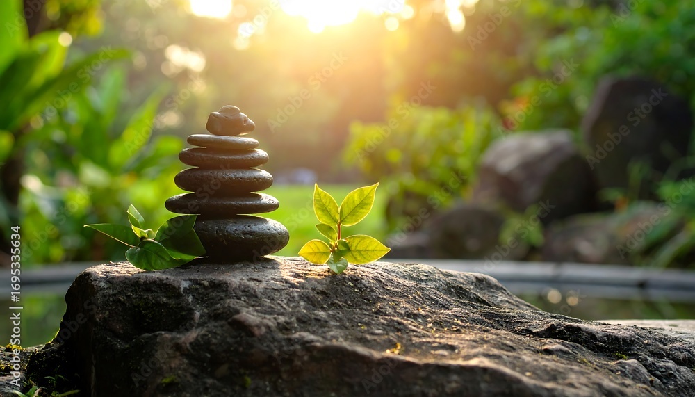 Obraz premium Zen stones balanced on a rock in a garden