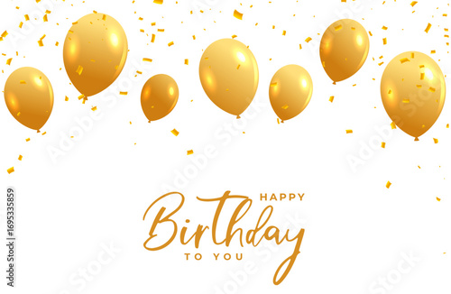 Happy birthday white card with golden balloons and confetti