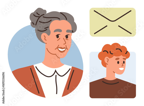 Elderly woman and young boy portraits, envelope icon depicting communication link. Ideal for family, connection, care, generations, correspondence, relationships thoughtful communication. Simple