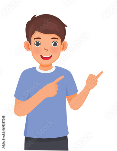 Man pointing finger to the right side at copy space advertising product