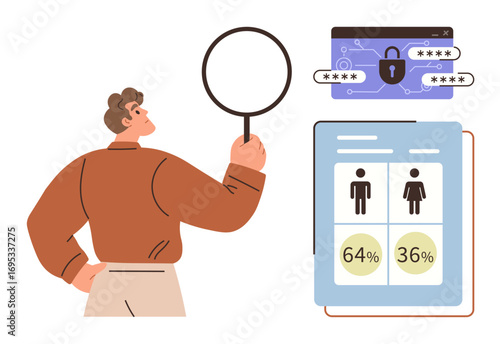 Man examines gender percentage statistics on a graph and a password-protected security lock screen. Ideal for analysis, research, data security, privacy, statistics, gender studies, and technology