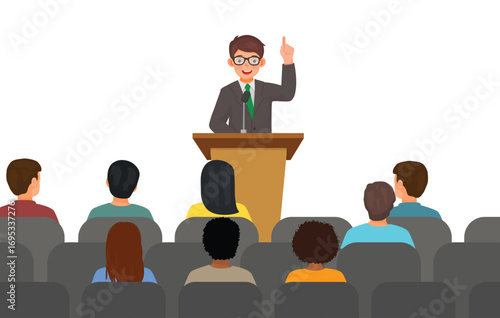 Man speaker giving speech in front of an audience at the conference hall