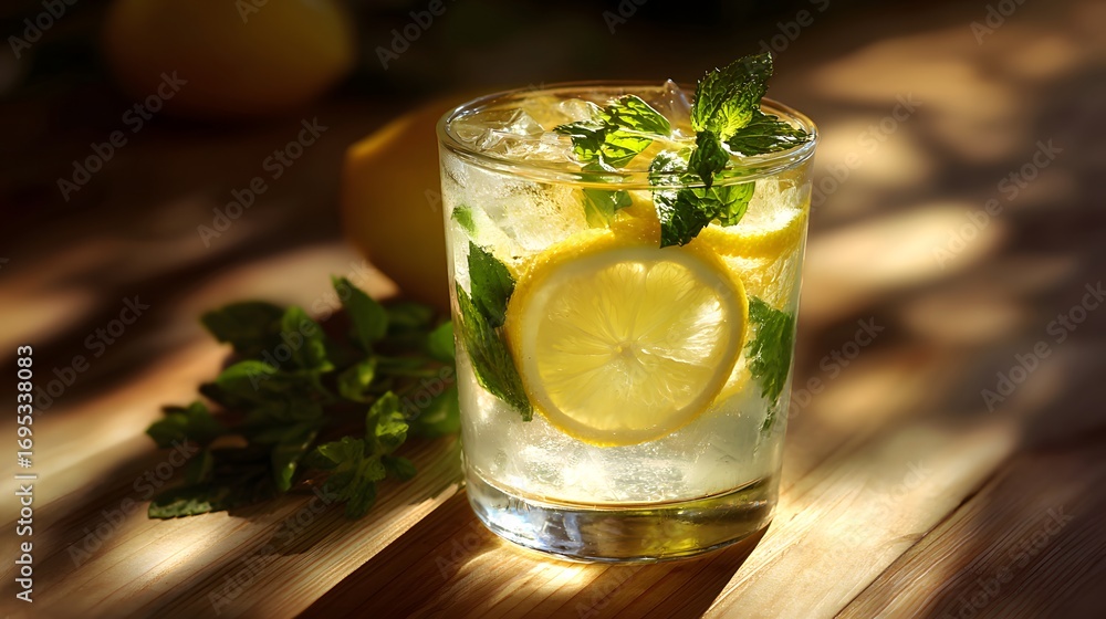 Fototapeta premium A refreshing beverage, featuring a glass of iced lemon-mint drink, bathed in warm sunlight on a wooden surface.