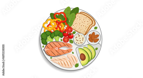 Colorful and healthy food plate showcasing salmon chicken avocado and vegetables balance diet