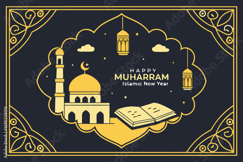 Islamic New Year Muharram celebration with mosque lanterns and open book Islamic architecture vector