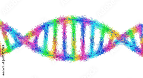 Colorful dna structure depicted with vibrant strands on pure white backdrop