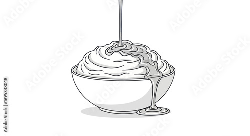 Delicate illustration of whipped cream in a bowl being drizzled with liquid treat offering a