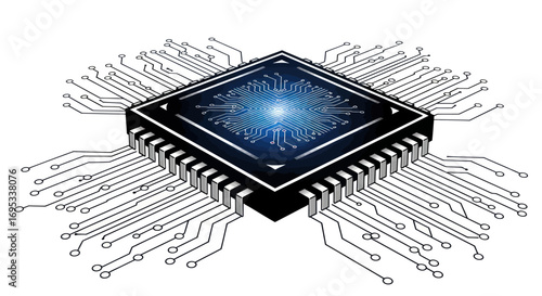 Detailed conceptual illustration of a microchip, showcasing intricate circuit patterns and